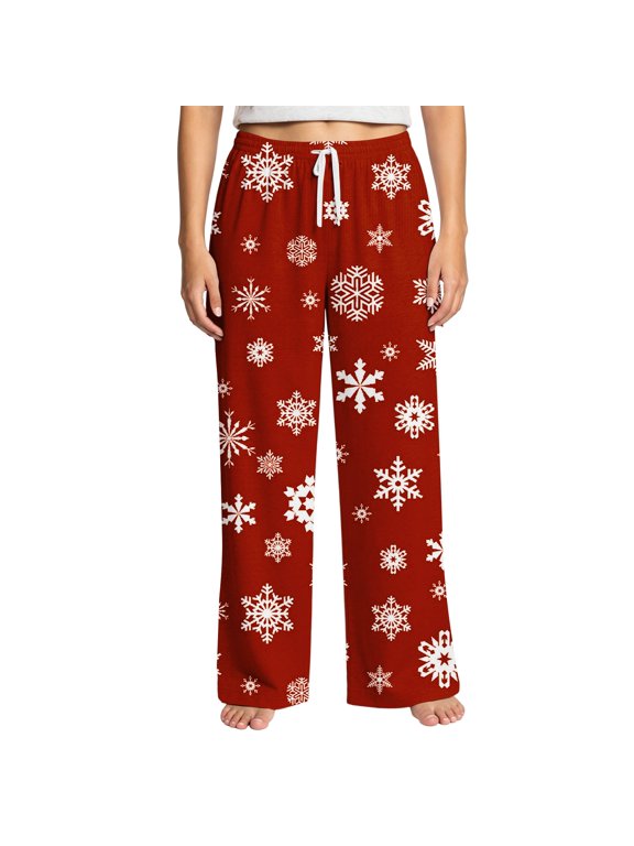 Winter Pajama Pants for Women, Snowflake Print, Drawstring Straight Leg Lounge Sleep Pants