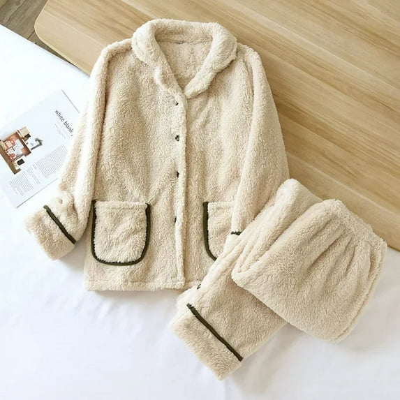Winter Pajamas Set Men's and Women's Plush Thick Long Sleeve Pants Homewear Two Piece Set