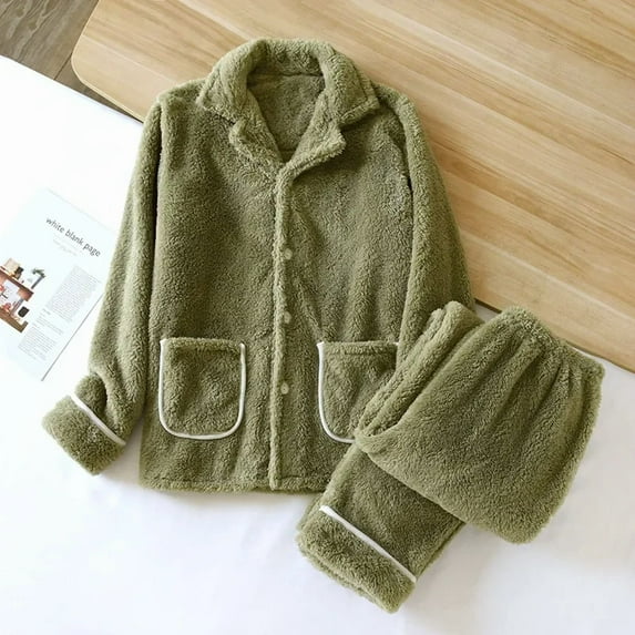 Winter Pajamas Set Men's and Women's Plush Thick Long Sleeve Pants Homewear Two Piece Set