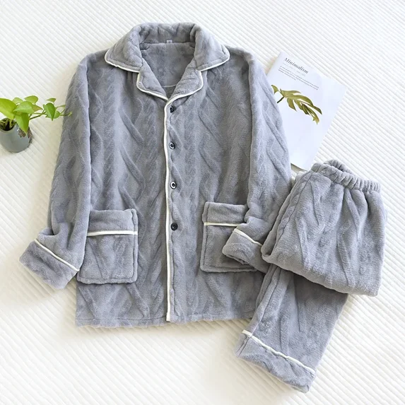 Winter Pajamas Set Men's and Women's Plush Thick Long Sleeve Pants Homewear Two Piece Set