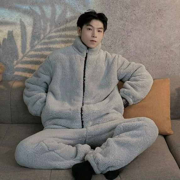 Winter Pajamas Women Coral Fleece Homewear Suit Couple Long Pijama Men Thickened Velvet Warm Soft Comfortable Pajamas Set (Gray-men,XXL 67-90kg)
