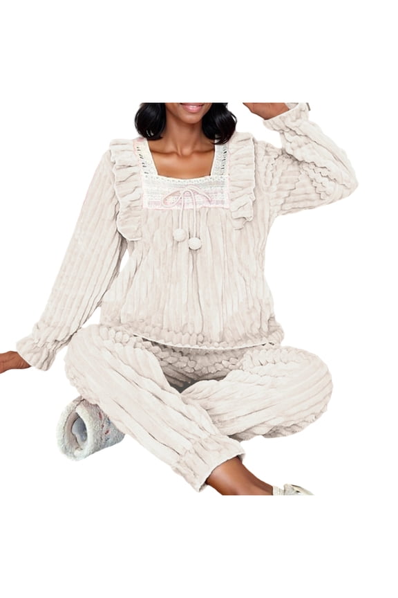 Winter Pajamas for Women Soft Comfy Fleece Loungewear Sets 2 Piece Pullover Tops and Pant Warm Pjs Sleepwear New Casual 2 Piece Outfits for Women Beige M