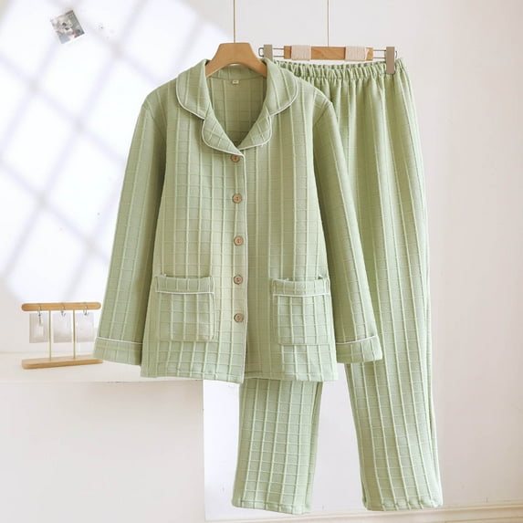 Winter Pajamas for Women Set,Long Sleeve Button Down Cardigans,Elastic Waist Drawstring Trouser with Pockets