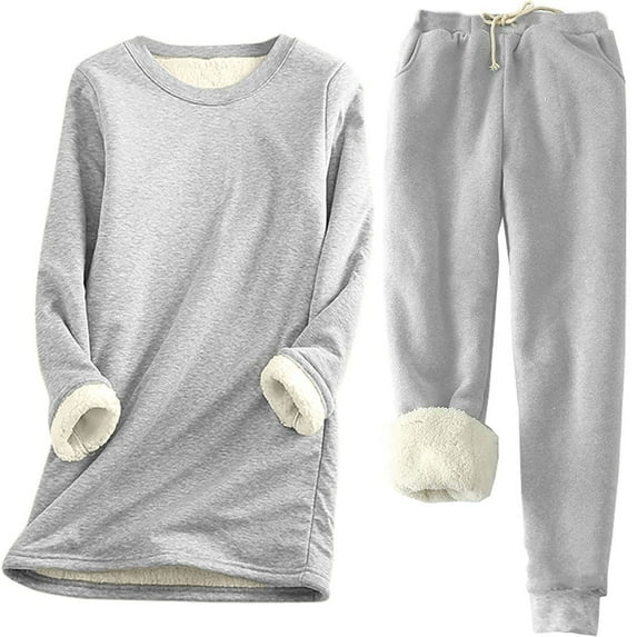 Winter Pants Sets Women Fleece Lined Crew Neck Long Sleeve Pullover Sweatshirt and Elastic Waist Long Pants 2 Piece Outfits Thermal Joggers Set Gray