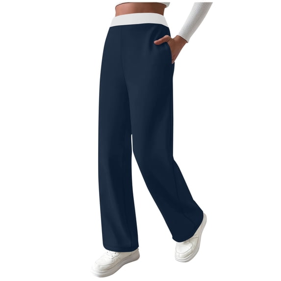 Winter Pants for Women Fleece Lined Thermal Wide Leg Sweatpants with Pockets Gradient Striped Pull-On Trousers (L, Navy|Colorblock)