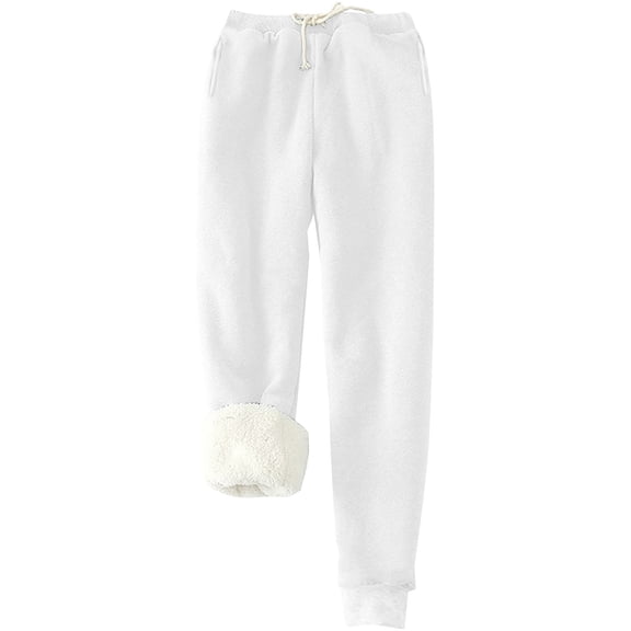 Winter Pants for Women Winter Warm Fleece Lined Joggers Casual Lounge Pants Drawstring Gym Sweatpants with Pockets White XXL