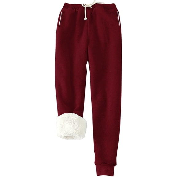 Winter Pants for Women Winter Warm Fleece Lined Joggers Casual Lounge Pants Drawstring Gym Sweatpants with Pockets Wine S