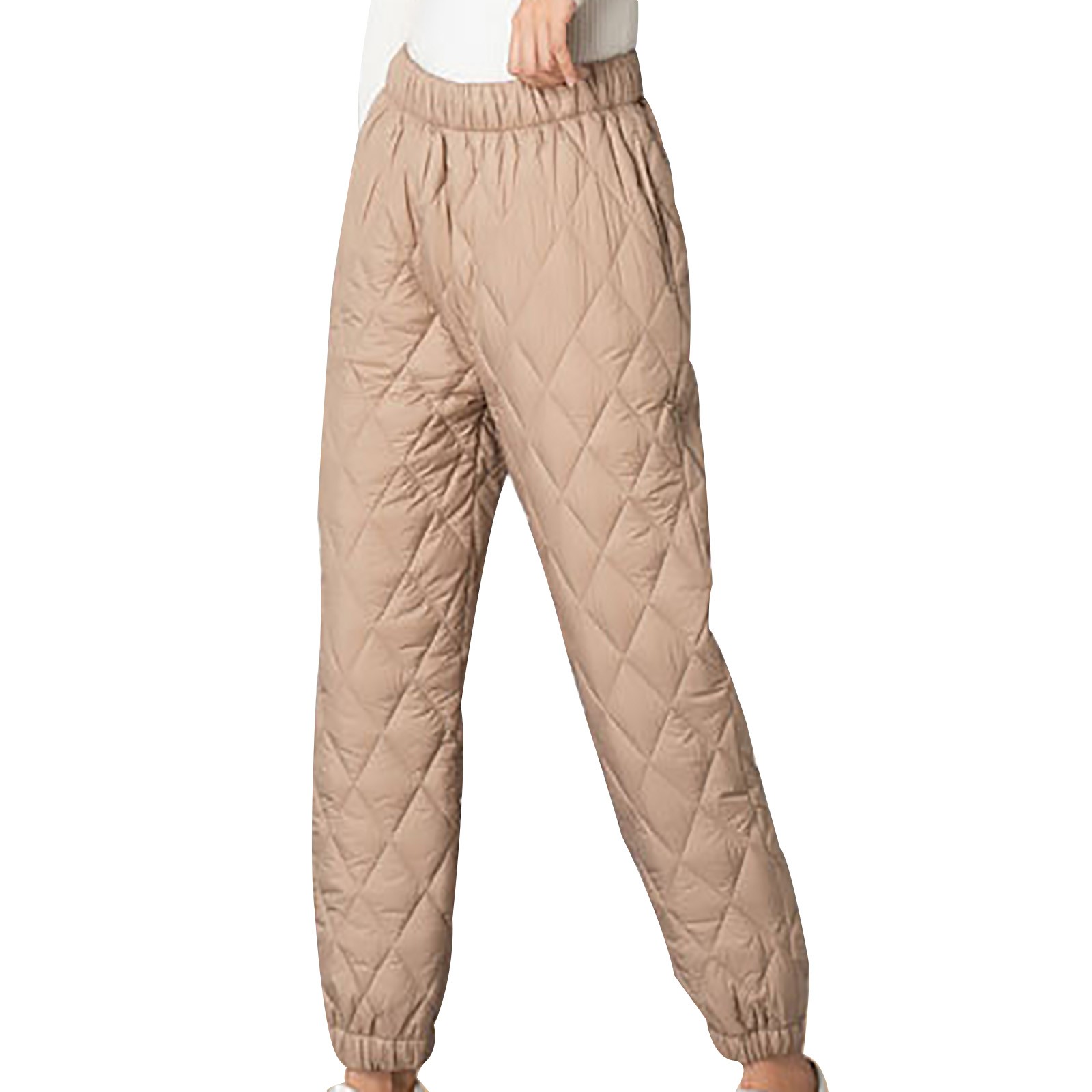 Winter Pants for Women with Pockets Solid Color Quilted Pants Fashion Warm Elastic Waist Loose Fit Trousers (Khaki M)