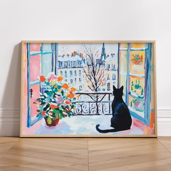 Winter Paris Wall Art, Black Cat French, Bonjour France View Balcony Decoration, F065, Unframed Poster Size 16x24
