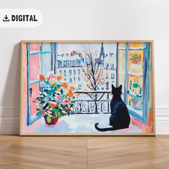 Winter Paris Wall Art, Black Cat French, Bonjour France View Balcony Decoration, Stretched Canvas Size 16x24