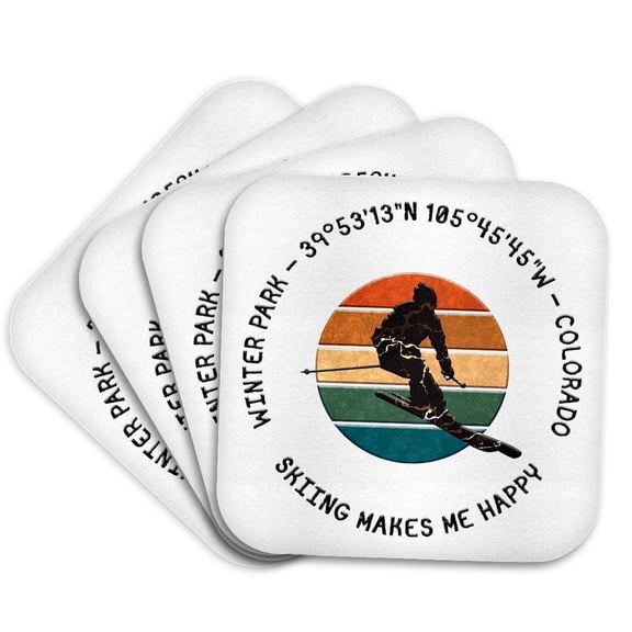 3drose, Winter Park, Colorado. Silhouette of Man Skier, Color Disk on White, Set of 4 Coasters - Soft