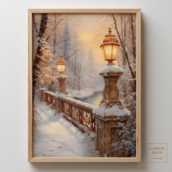 Winter Park Print, Snowy Landscape Print, Snow Covered Bridge Art, Lamp Post, Home Decor #2159, Unframed Canvas Size 16x24