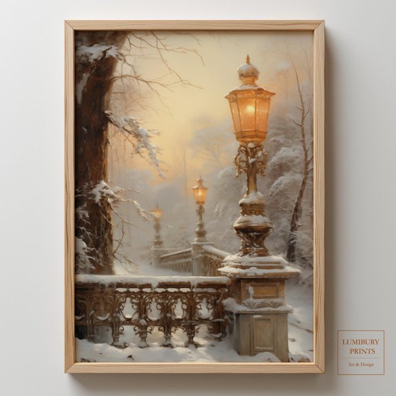 Winter Park Print, Winter Landscape, Snow Covered Bridge Art, Lamp Post Decor, Home Decor #2031, Unframed Canvas Size 24x36