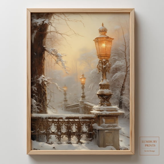 Winter Park Print, Winter Landscape, Snow Covered Bridge Art, Lamp Post Decor, Home Decor #2031, Unframed Poster Size 8x12
