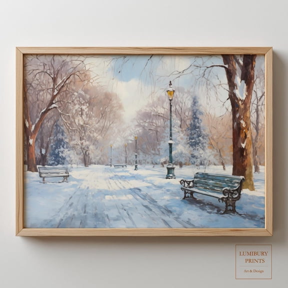 Winter Park Wall Print, Winter Landscape Print, Vintage Lamp Post, Rustic Winter Scene, Home Decor #2157, Unframed Canvas Size 8x12