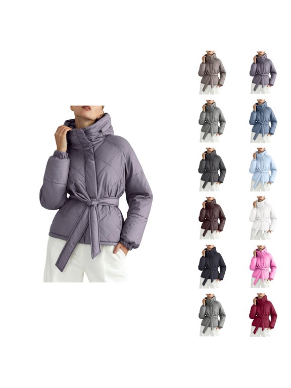 Winter Parka for Women Casual Long Sleeve Thicken Zip Up Belted Hooded Coat with Pockets