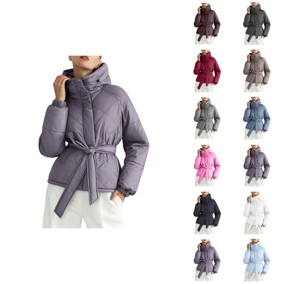 Winter Parka for Women Long Sleeve Thicken Zip Up Belted Hooded Outerwear with Pockets