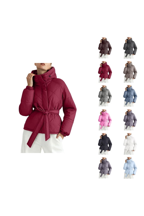 Winter Parka for Women Long Sleeve Thicken Zip Up Belted Hooded Outerwear with Pockets