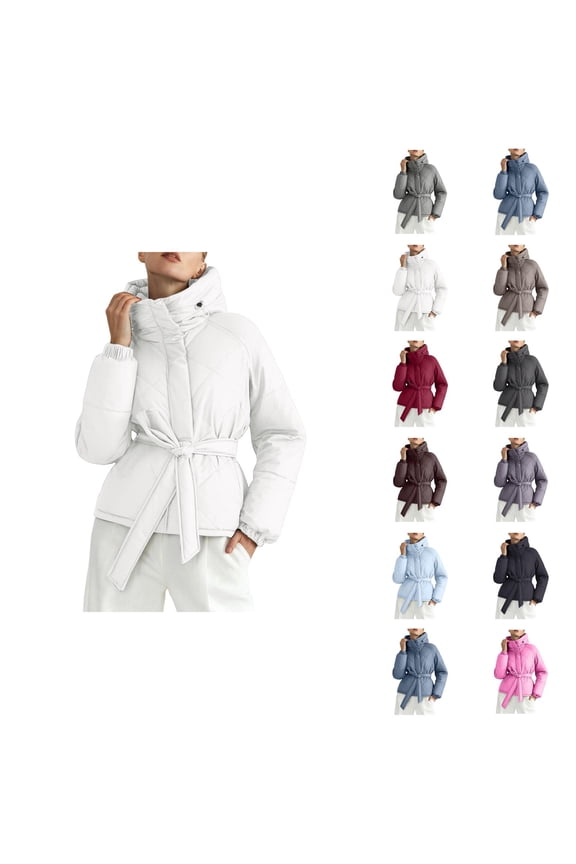 Winter Parka for Women Trendy Long Sleeve Thicken Zip Up Belted Hooded Coat with Pockets