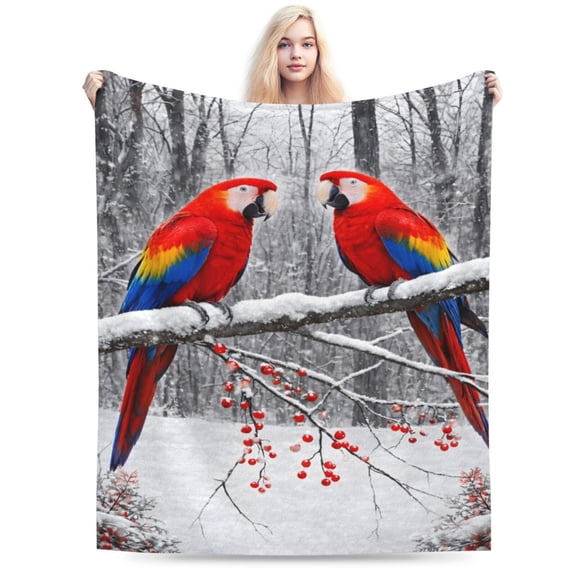 Winter Parrot Birds Blanket Christmas Bird Throw Blanket Soft Cozy Flannel Scarlet Macaw Winter Forest Nature Home Decor Gift 50x40