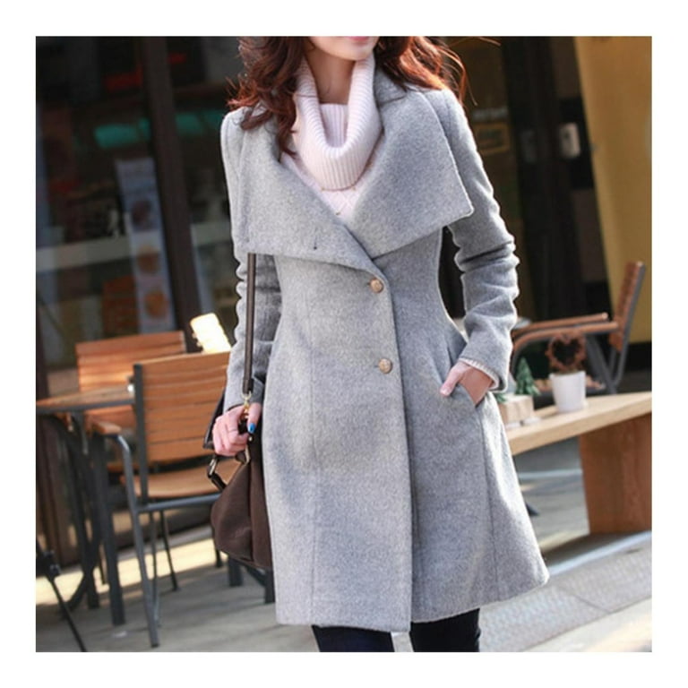 Winter Pea Coat Felt Long Jacket for Women Single Breasted Stand