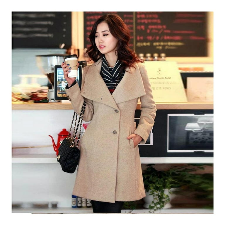 Winter Pea Coat Felt Long Jacket for Women Single Breasted Stand