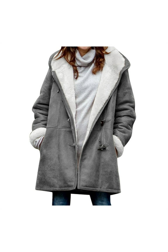 Winter Pea Coat for Women Usmixi Padded Fleece Overcoat for Women Warm Thickened Soft Plush Lined Hooded Coat Casual Solid Horn Button Outwear Jacket with Pocket 2023 Jacket Holiday