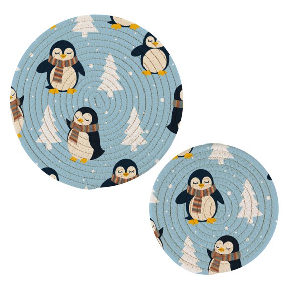 Winter Penguin Pattern Cotton Trivets Potholders Set of 2 Handmade Heat Resistant Non Slip Absorbent