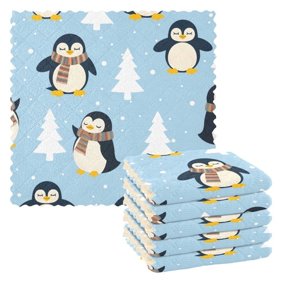Winter Penguin Pattern Dish Towels 6 Pack Kitchen Cleaning Dish Cloths Absorbent Reuseable Cleaning Cloths 11'' x 11''