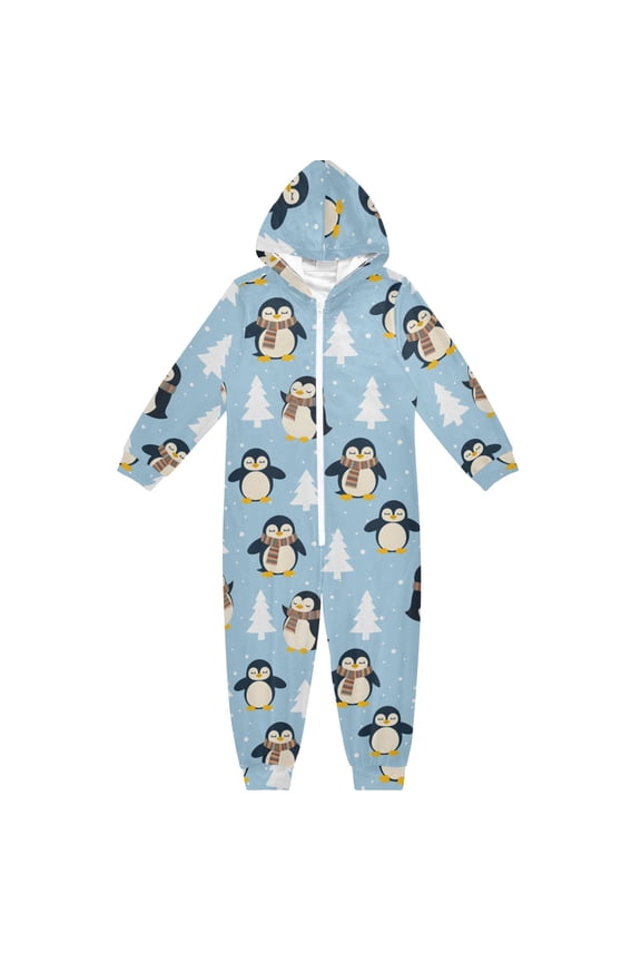 Winter Penguin Pattern One Piece Pajamas Soft Jumpsuit Cozy Sleep and Play Romper Zipper and Pockets 4T