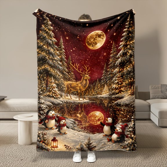 Winter Penguin Reindeer Print Flannel Throw Blanket, Choose From 30 x 40, 40 x 50, 50 x 60, 60 x 80 Inches, Soft Cozy Blanket for Bed