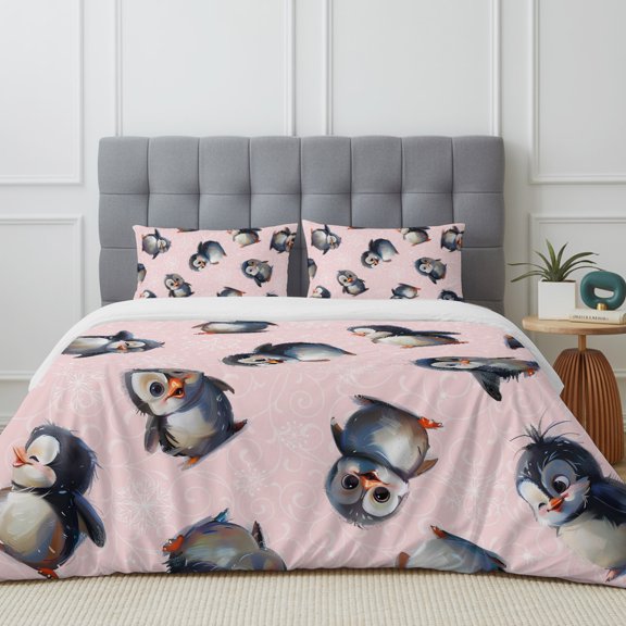 Winter Penguin Snowflake Seamless Bed Sheet Sets Soft Microfiber Comforter Cover with Flat Sheet 2 Pillow Shams