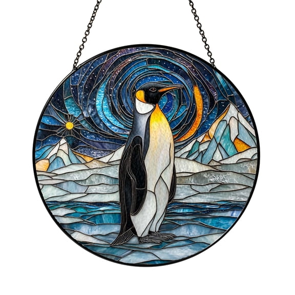 Winter Penguin Stained Glass Style Suncatcher Window Hanging Decor, Snowy Nature Glass Art Panel for Window Decoration Gift