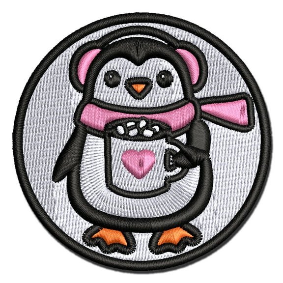 Winter Penguin with Hot Chocolate Heart Mug Applique Multi-Color Embroidered Iron-On Patch - 3 Inch Medium