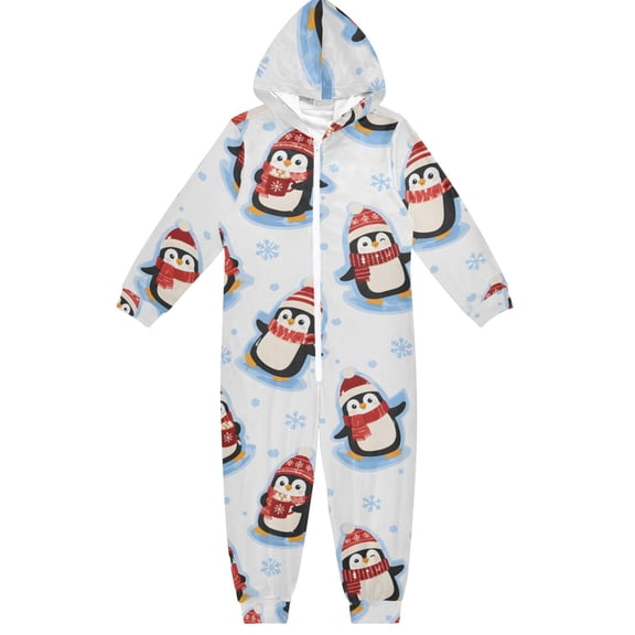 Winter Penguins' Christmas Boys & Girls Hooded One-Piece Pajamas Warm Crystal velvet Hooded Long Sleeve Loungewear Jumpsuit Unisex
