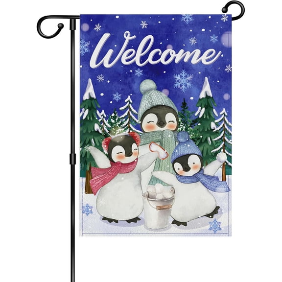 Winter Penguins Garden Flag Cute Cartoon Animal Snowflakes Scarfs Yard Flag Welcome Christmas Penguins Outdoor Home Garden Flag Banner 12x18