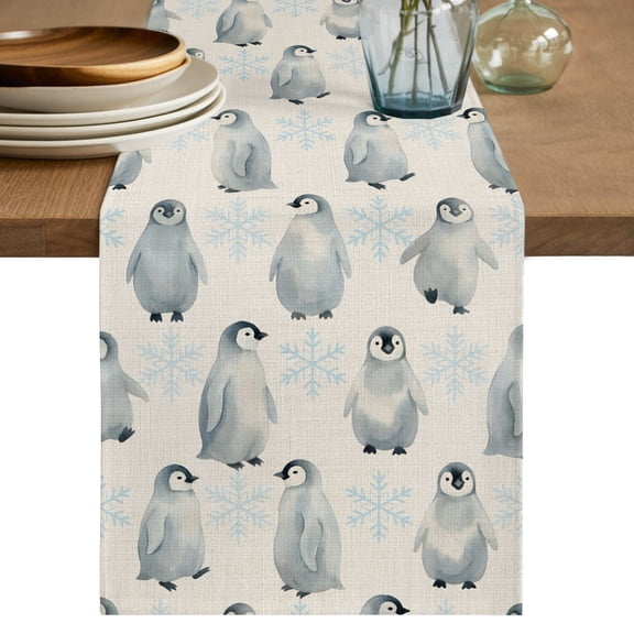 Winter Penguins Short Table Runner 36 Inches Long,Farmhouse Nature Snowflake Cute Animals Cotton Linen Table Runners Dresser Scarves,Fabric Tabletop Scarf Furniture Cover for Dinner Party 13"x36"