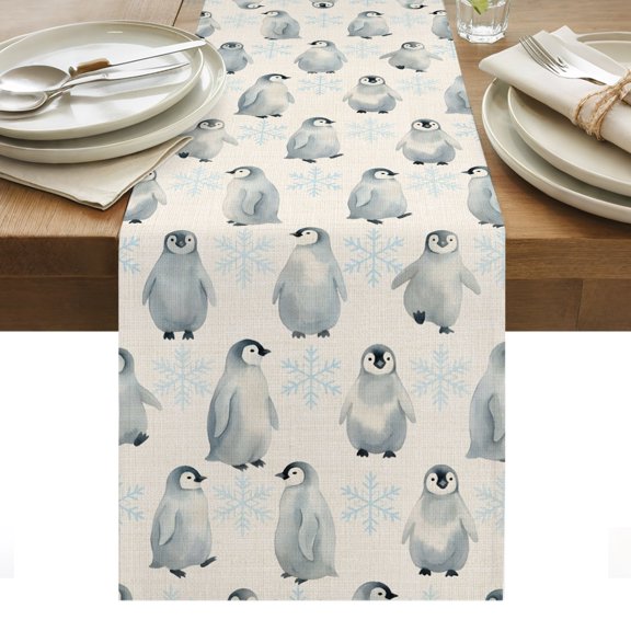 Winter Penguins Table Runner Farmhouse Nature Snowflake Cute Animals Tablerunners 13 x 48 Inch, Table Decorations Tabletop Scarf for Summer Gathering Holiday Farmhouse Kitchen Dining Decor