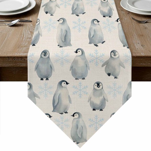 Winter Penguins Table Runner Linen Burlap Table Runner 36 Inches Small Farmhouse Nature Snowflake Cute Animals Dresser Scarves for Kitchen Island Coffee Dining Room Party Holiday Decor 13"x36"