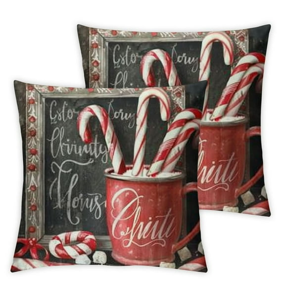 Winter Peppermint & Cocoa Outdoor Printed Pillow, 18 x 18, Black