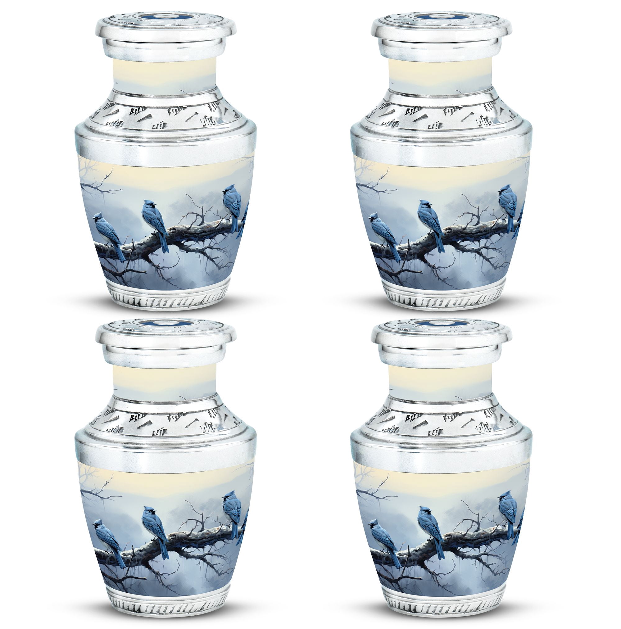 Winter Perch of Blue Jays - Portable Urns for Human Ashes - Cremation Urns for Women - Urn for Ashes Adult Male - Decorative Funeral Urn (Size-3inch,4pcs)