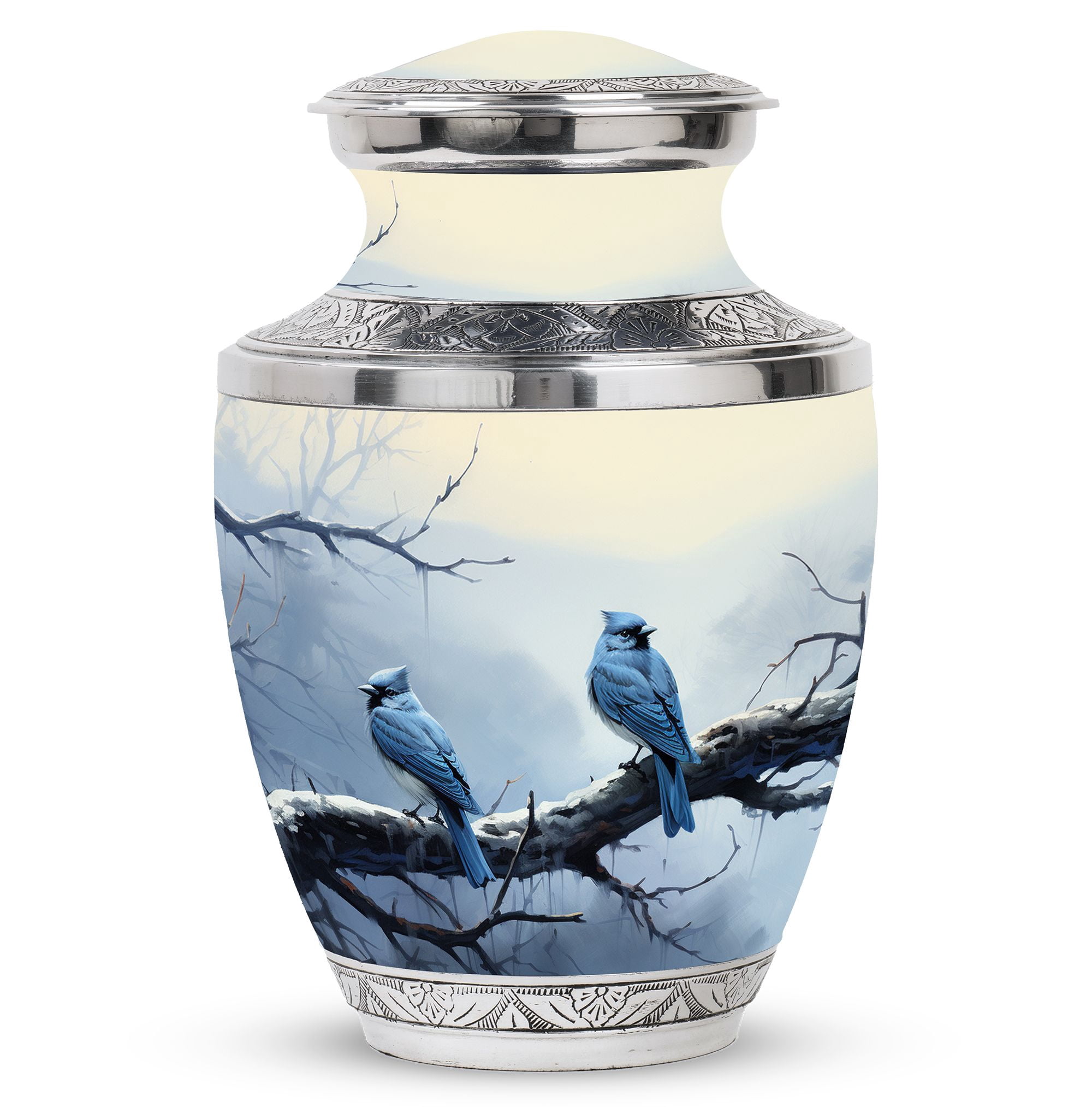 Winter Perch Of Blue Jays Cremation Urn - 10 Inch Metal Urn For Ashes, Holds 200 Cubic Inches, Secure Screw Lid