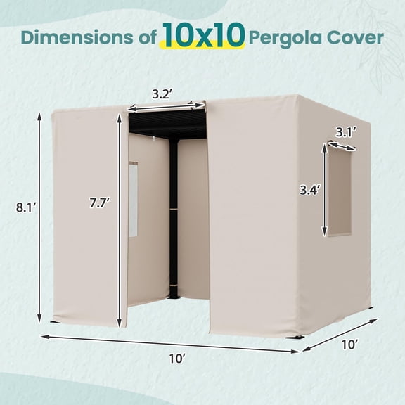 Winter Pergola Cover for 10×10 Pergolas, Universal Waterproof Pergola Covers with Mesh Screens, Door and Windows, Upgrade 420D Oxford Fabric, Beige