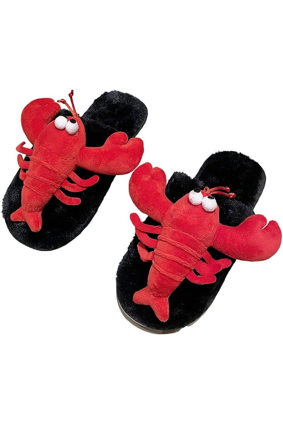 Winter Personality Flat Lobster Slippers for Women Warm Plush Non-slip Slides Indoor Floor House Funny Shoes