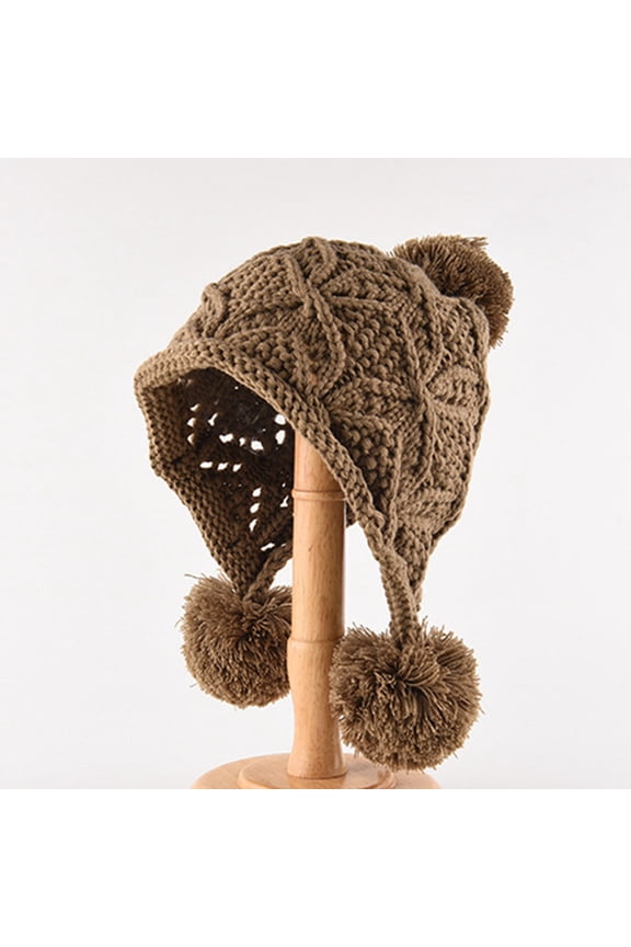 Winter Peruvian Hat for Women, Cable Knit Fashion Beanie Hats Outdoor Hiking Warm Earflaps Cap with Pompom