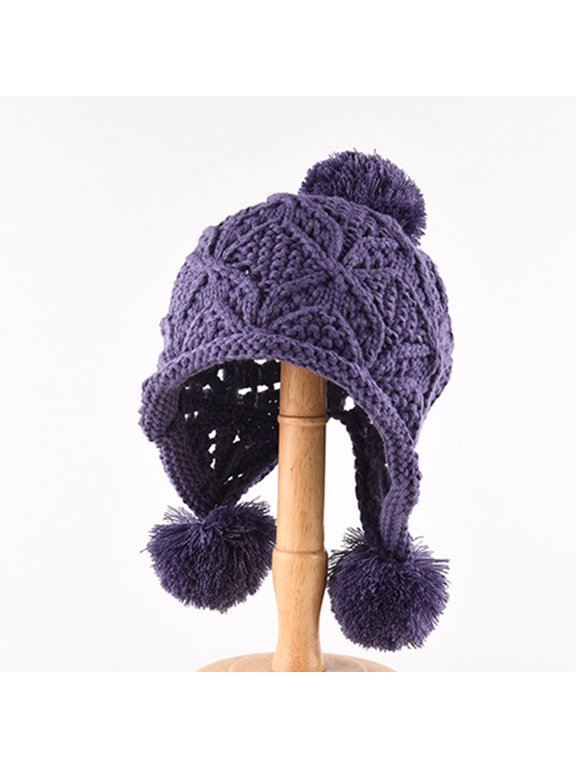 Winter Peruvian Hat for Women, Cable Knit Fashion Beanie Hats Outdoor Hiking Warm Earflaps Cap with Pompom