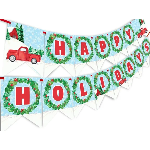 Winter Pick Up Truck Happy Holidays Banner - Red Pick Up Truck Party Supplies -