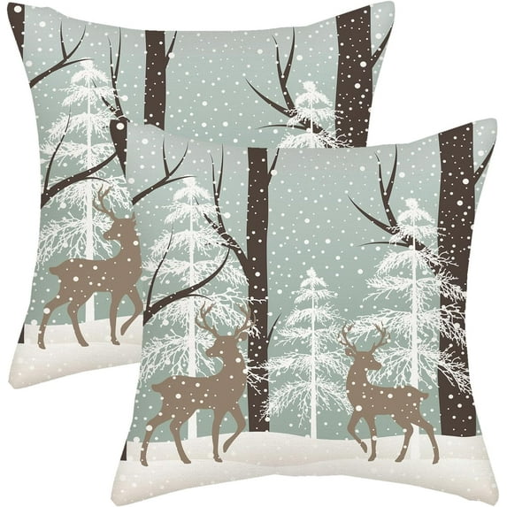 Winter Pillow Covers 16x16 Snowflake Wildlife Deer Decor Throw Pillows Case for Couch White Brown Tree Christmas Indoor Outdoor Decorative Cushion Cases for Sofa Bed Decorations Set of 2