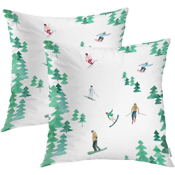 Winter Pillow Covers 18x18 Inch Set of 2, Skiing Snowboarding Winter Primitive Art Watercolor Double Sided Decorative Pillows Cases Throw Pillows Covers