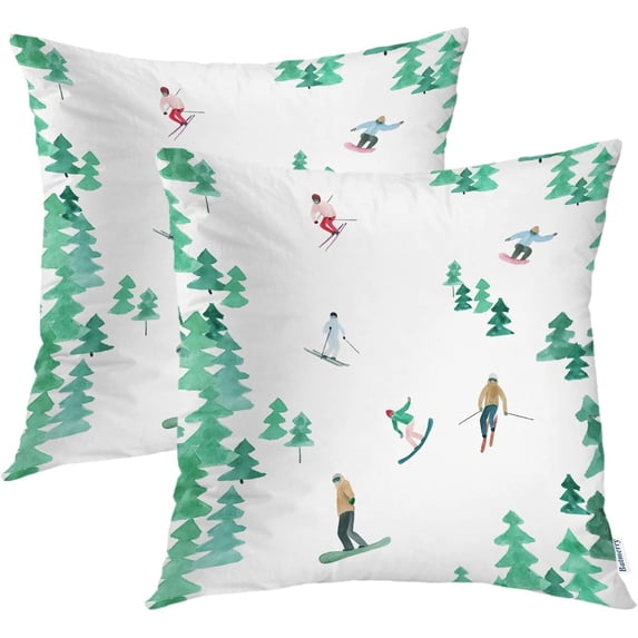Winter Pillow Covers 18x18 Inch Set of 2, Skiing Snowboarding Winter Primitive Art Watercolor Double Sided Decorative Pillows Cases Throw Pillows Covers